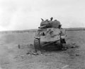 A tank of 'B' Squadron, 3rd County of London Yeomanry (Sharpshooters) knocked out during the attack on Rouffigny, Normandy, August 1944