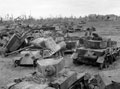 The wreckage of British and German AFVs destroyed in the battles around Caen, 1944