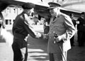 Field Marshal Montgomery greeting Prime Minister Churchill on his arrival at Gatow Airfield for the Potsdam Conference, 1945