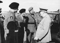 Field Marshal Montgomery greeting Prime Minister Churchill, Foreign Secretary Eden and Field Marshal Alexander at Gatow Airfield, 1945