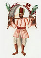 Indian holy man holding decorative canopy, 1860 (c)
