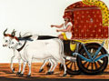 An Indian woman peeks out of a curtained bullock cart, 1860 (c)