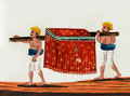 An Indian woman peeks out of a curtained 'dhoolie', or litter, carried by two men, 1860 (c)