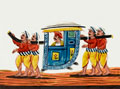 An Indian man sits in a palanquin, or litter, carried by four men, 1860 (c).