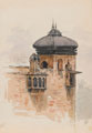 View of a tower on the corner of a building, probably in India, no date