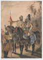 Two mounted officers and a dismounted sowar, 4th Bengal Irregular Cavalry, 1850 (c)