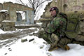 A member of Bruneval Company, 2nd Battalion, Parachute Regiment, on a security patrol in the centre of Kabul Afghanistan, 2002