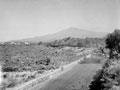 Sherman tank advances along a road in Sicily, with Mount Etna in the background, 1943