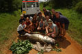 Students from Tayforth University Officer Training Corps pose with a large fish from the River Nile, Kamuli district of Uganda, 2003