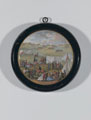 Earthenware pot lid depicting Rifle Volunteers and spectators at a shooting contest at Wimbledon, 1868