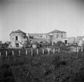 Camouflaged British Sherman tanks parked near farm buildings in Italy, 1943