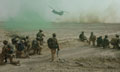 A Chinook helicopter coming in to the Landing Zone at Now Zad to pick up troops from Helmand Task Force, 30 July 2006