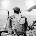A soldier about to go ashore during the invasion of Sicily, July 1943