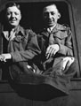'Jimmy Sturrock & Reggie Davis', 3rd County of London Yeomanry (Sharpshooters) on train, prior to leaving Italy, January, 1944