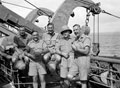 'Jenner Jones. Freddie Crowley, Jimmy Sale, Dickie Dixon. John Grimwade', 3rd County of London Yeomanry (Sharpshooters) on board HMT Orion en route to Egypt, 1941