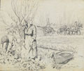 A British gun team pass French villagers picking vegetables, 1914 (c)