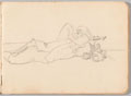 Sketch of a soldier in uniform, lying on his back, with his head on his equipment, World War One (1914-1918)