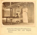 'Arthur Road Hospital ward (interior), convalescent girl with English nurses', Bombay, 1897