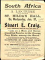 Advertisement for a lecture on South Africa to be given by Stuart Edward Craig at St Hilda's Hall, Whitby, 31 January 1900