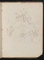 Study of artists materials, butterfly, flowers, flags, cliff face and garland in coat of arms formation around inscription 'Ended august 12th 1861'