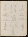 Twelve studies showing woman riding side-saddle, soldiers in conversation, ships, bugler on horse