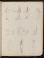 Ten studies of soldiers, horses, woman riding side-saddle