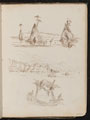 Three studies of rocky islands, a watery landscape with people and boats, and palm trees