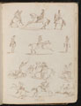 Twelve pen studies inscribed 'Volunteers', six of a soldier on horseback, six of soldiers on horseback in battle