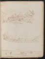 Three studies of countryside scenes with dwellings, horses pulling cart and body of water