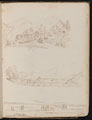 Three studies of countryside scenes with dwellings, horses pulling cart and body of water