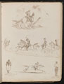 Study of soldiers on horses pulling cannon, two views of artillery men, a soldier in full dress on galloping horse