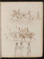 Study of two women and a man riding in hilly landscape, study of soldiers on horseback, study of three guardsmen in conversation