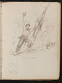 Study of man holding flag and his hat aloft, inscribed 'One of the "Prodi"', below are three circles