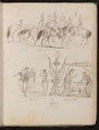 Study of soldiers on horses inscribed 'Life Guards', study of groups of soldiers with flags, smoking and drinking