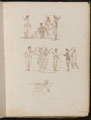 Studies of groups of soldiers with weapons at ease inscribed 'English Volunteers', study of crouching soldier with shotgun raised