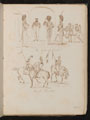Studies of soldiers inscribed 'Imperial Guards', soldiers with flags on horseback inscribed 'French Lancers'