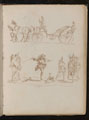 Officer in full dress with top hat and epaulettes riding in horse drawn carriage, study of six Mediterranean soldiers and a dog