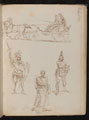 Study of a horse drawn carriage with three occupants, three studies of Greco-Roman warriors with weapons and shields