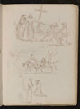 Four figures next to wooden cross, study of two youths with sticks on donkeys, study of two monks, one kneeling before wooden cross