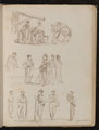 Canopied fruitsellers' stall with women and a smoking man, study of five gentlemen, study of five soldiers labelled 'Garibaldians'
