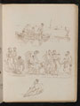 Three figures in a rowing boat inscribed 'Fishermen', market scene with eight figures inscribed 'Piedmontese soldiers buying fruit'