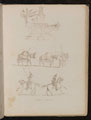 Water fountain in foliage, study of three joined packhorses, study of two soldiers on horseback inscribed 'Novare Lancers'