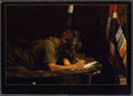 A soldier writing a letter home while wearing his gas mask during an chemical weapon alert in the northern Kuwaiti desert, 2003