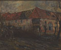 Soldiers marching past ruined French farm buildings, haunted by the ghost of a comrade, 1918 (c)