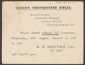 Postcard with an order for Rifleman Eve to report to the headquarters of The Queen's Westminster Rifles, 25 August 1914