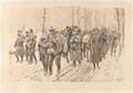 'Winter Conditions in the Yser Country: A scene on the snow-covered road leading to the rear', 1916