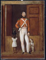 A sergeant of a cavalry regiment, standing by an open doorway, with a black child and dog, probably in the West Indies, 1830 (c)