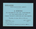 Ticket for a service of commemoration at Westminster Abbey, 1 June 1967