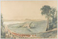 British infantry march down to a harbour watched by a group of Maori, 1849