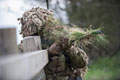 A member of a sniper team of 2nd Battalion The Royal Anglian Regiment, Stanford Training Area, 2015